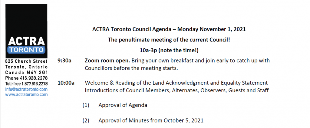 ACTRA Toronto Agenda excerpt for illustration purposes
